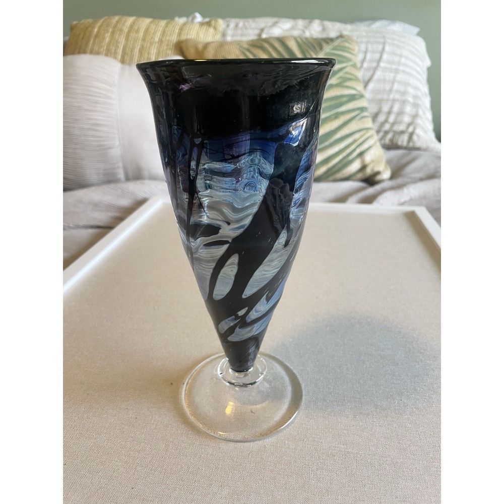 Kosta Boda Contrast Swirl Art Glass Vase Blue Anna‎ Ehner Sweden?  9" Metallic